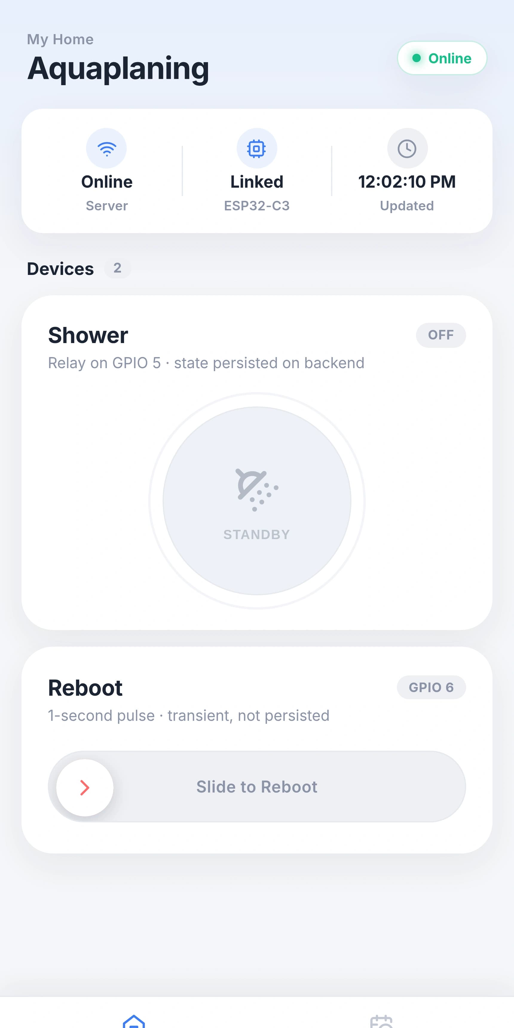Live Aquaponics IoT control panel running on ESP32-C3