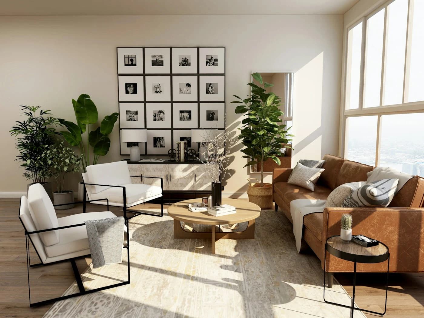 Indoor living space with lush natural aquaponic system