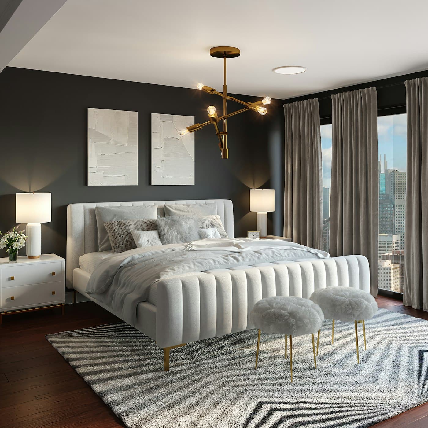 Automated bedroom interior with ambient lighting